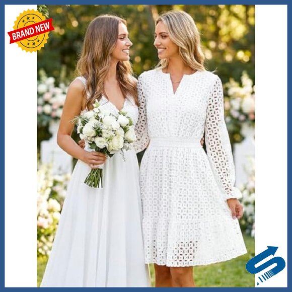 Long Sleeve Mini Dress V Neck Eyelet Embroidery Ruffle A Line Swing - Picture 6 of 8